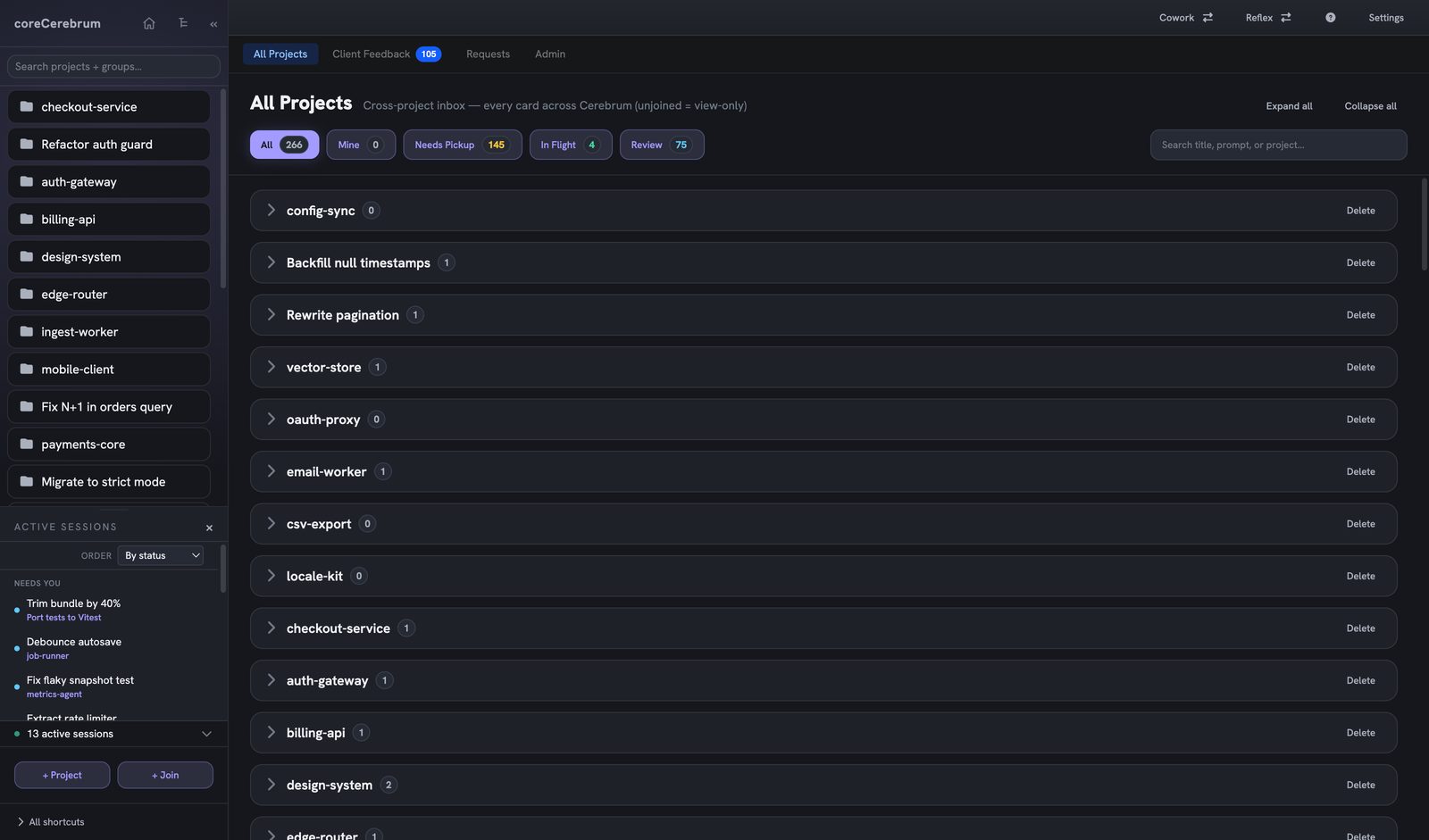 The All Projects view: a cross-project inbox listing every card with filters for Mine, Needs Pickup, In Flight and Review